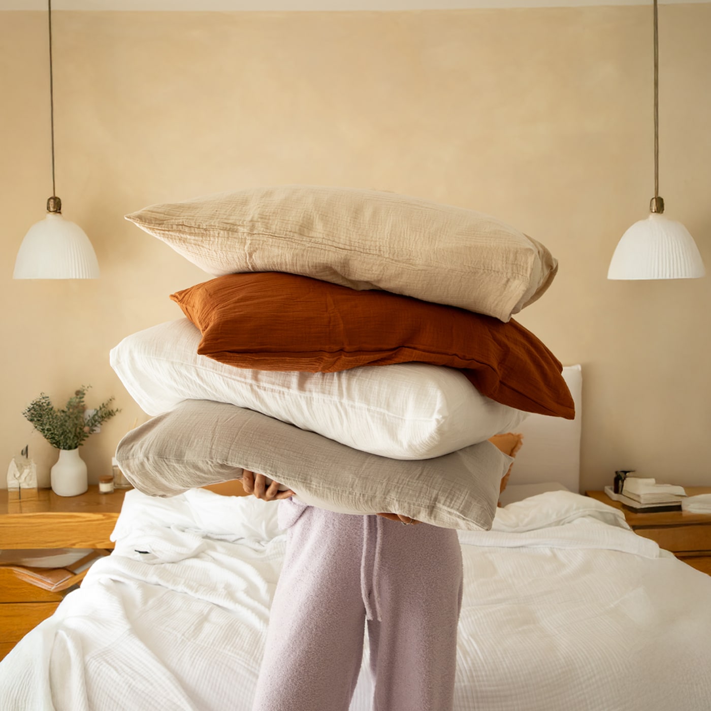 Muslin cotton pillowcases in Light Grey